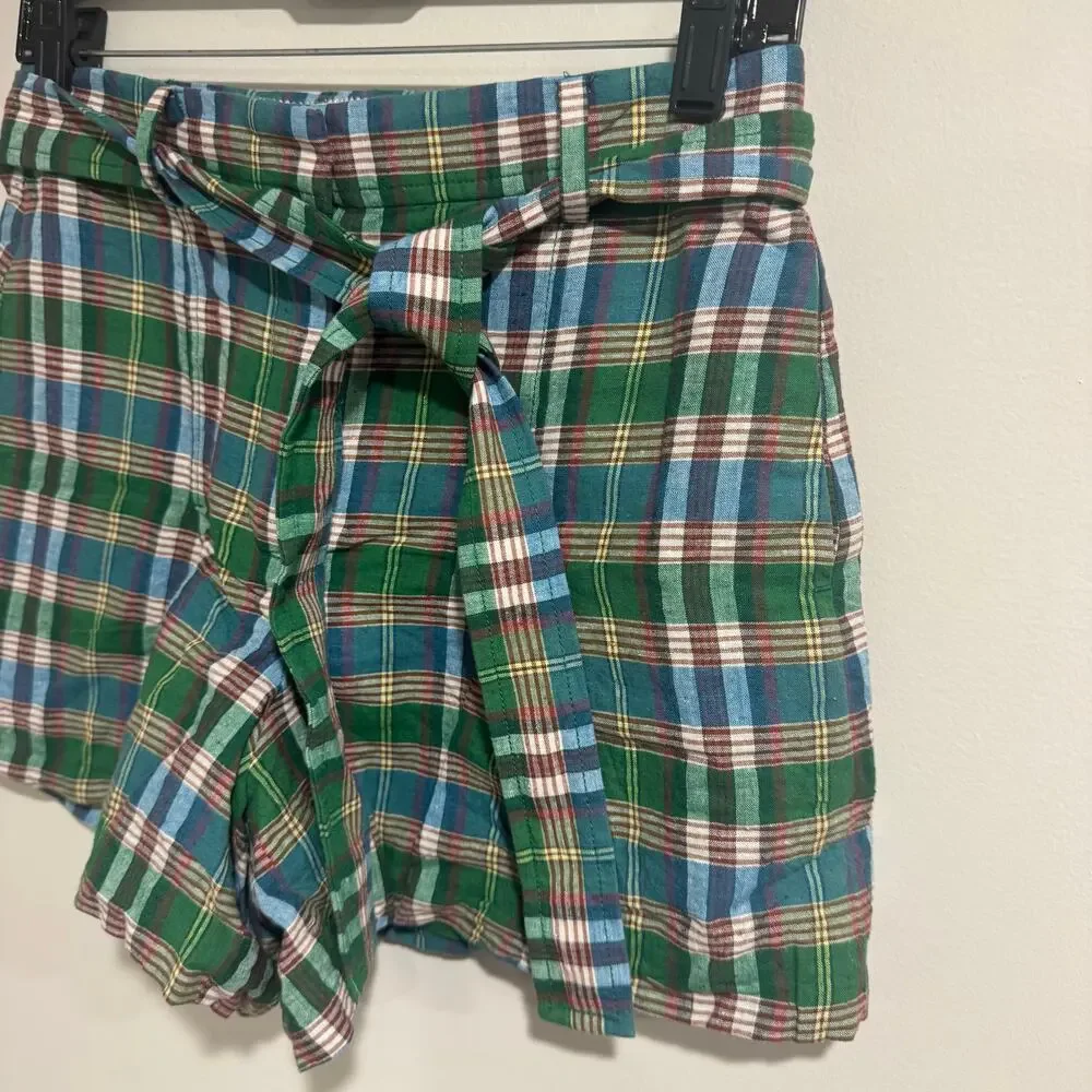 J.Crew Womens Green White Red Plaid Pleated Belted Dress Shorts Size 2 XS
